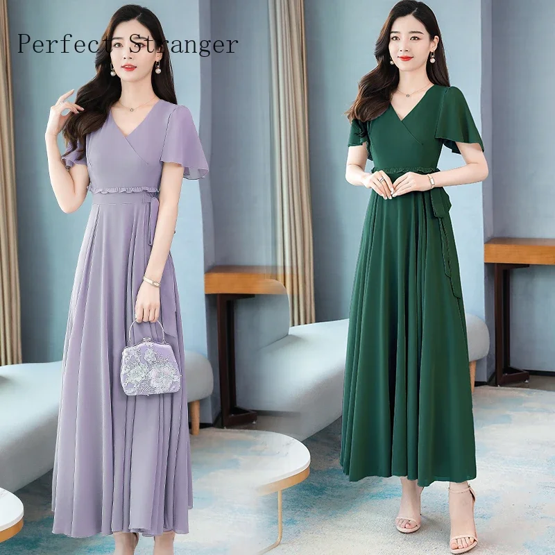 Summer Vintage  Boho Dresses Elegant Women Bodycon Party Vestidos 2024 Solid Casual Chiffon  Long Beach Maxi Dress