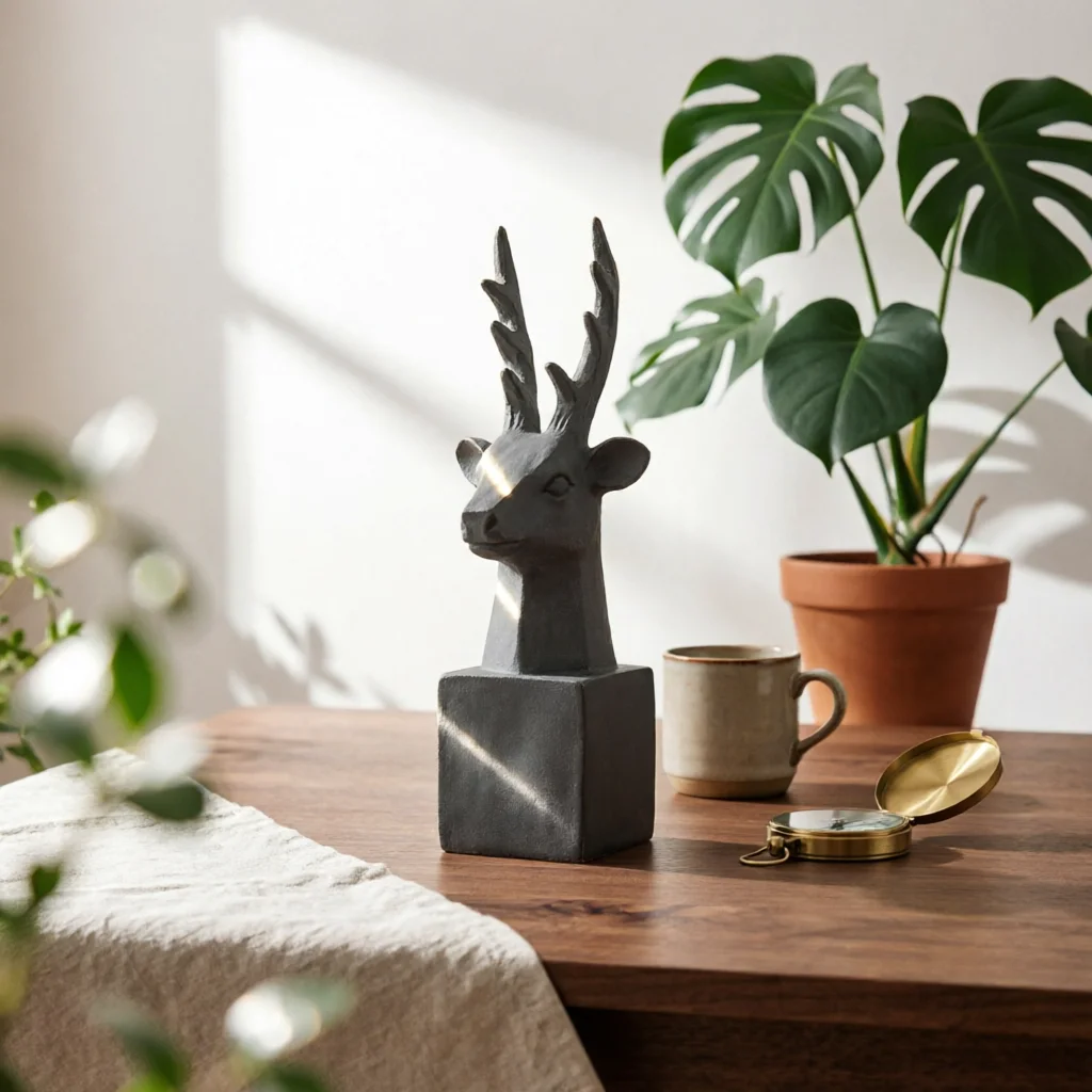 

Dark Finish Home Decor Deer Bust Figurine Buck Statue Deer Head Figurine Textured Artisanal for Indoor Space, Entryway