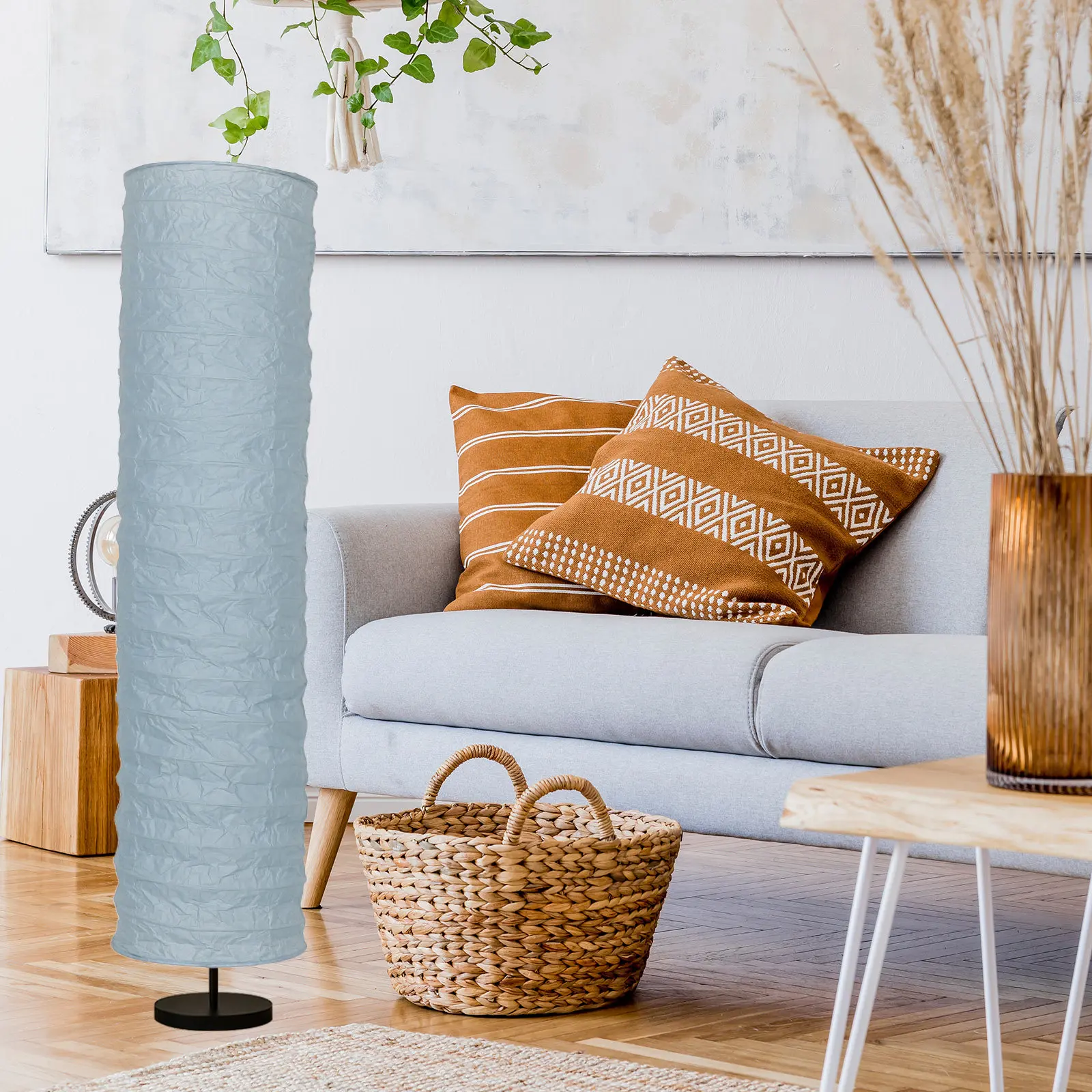 Foldable Japanese Paper Floor Lamp Shade Cylinder Standing Lampshade Cover for Living Room Bedroom Office 125x32.5cm Textured