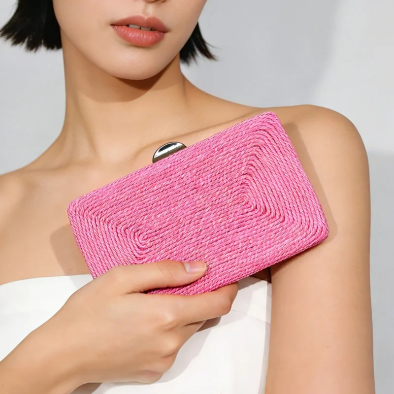 Hot Pink Woven Clutch Bag for Women Fashionable Hard Shell Braided Evening Purse Wedding Party Kiss Lock Handbag Bolsa Feminina