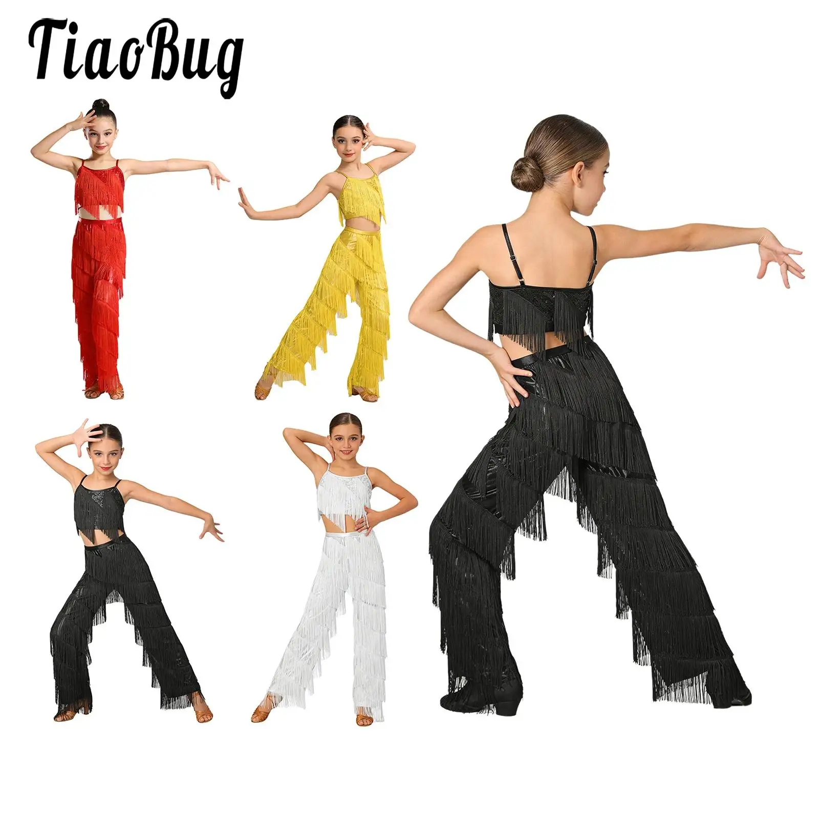 Kids Girls Fringed Tassel Latin Jazz Dance Performance Outfit Camisole with Metallic Pants Set for Salsa Tango Cha-cha Dancewear