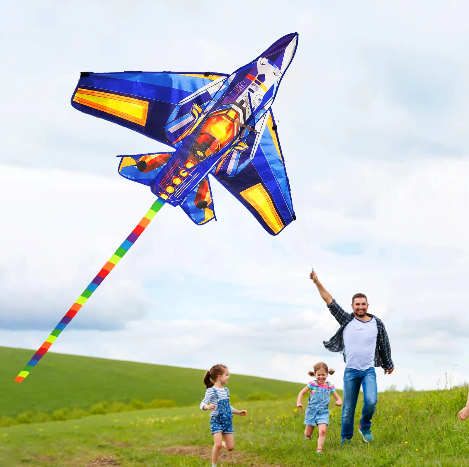 New Outdoor Fun Sport  Blue Plane Kite Beginner Kites For Adults And Kids Come With String And Handle
