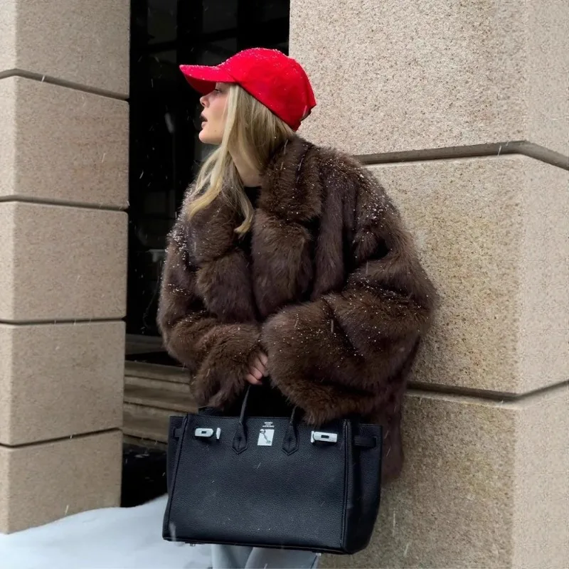 Fluffy Fur Jacket Women's Casual Lapel Loose Long Sleeves Thicken Warm Short Coat Winter New Lady Commute Streetwear