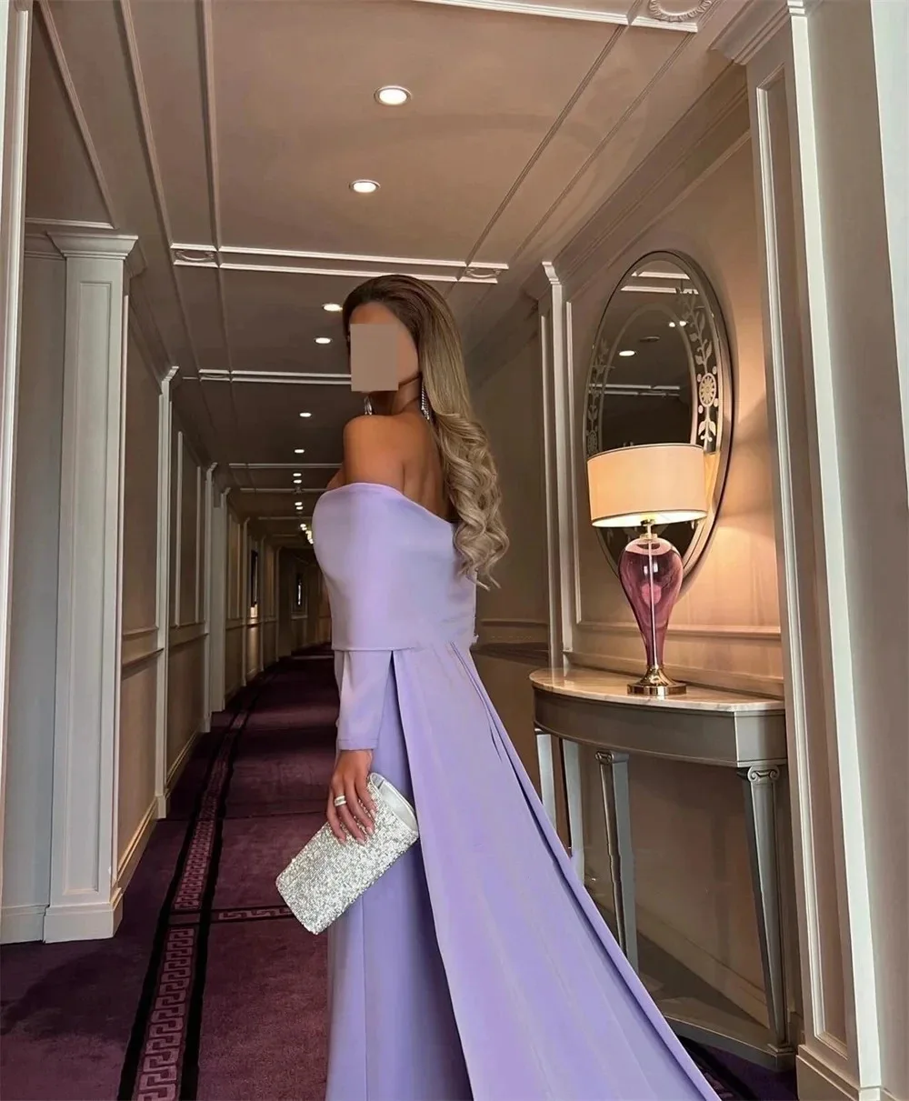 Lavender Mermaid Evening Dresses Boat Neck Cape Formal Party Gowns Long Sleeves Prom Dress Custom Made For Women