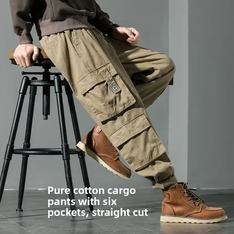 

Свободные мужские рабочие брюки цвета хаки, повседневная уличная одежда, весенне-осенние прямые брюки большого размера, широкие брюки, прочная рабочая одежда