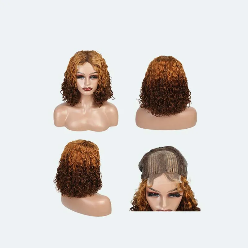 T Lace Head Covers HD Cabello brasileño amarillo oscuro Pelucas rizadas profundas Pelucas reales sin cola, Pelucas de cubiertas de cabello de encaje para mujeres de rebote