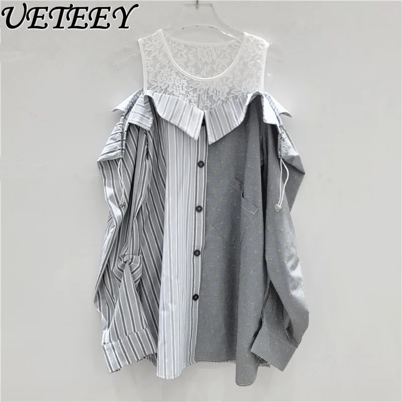 

Fake Two-piece Design Off-the-shoulder Lace Splicing Top Polka Dot Vertical Stripe Casual Shirt Long Sleeve Women's Blouse
