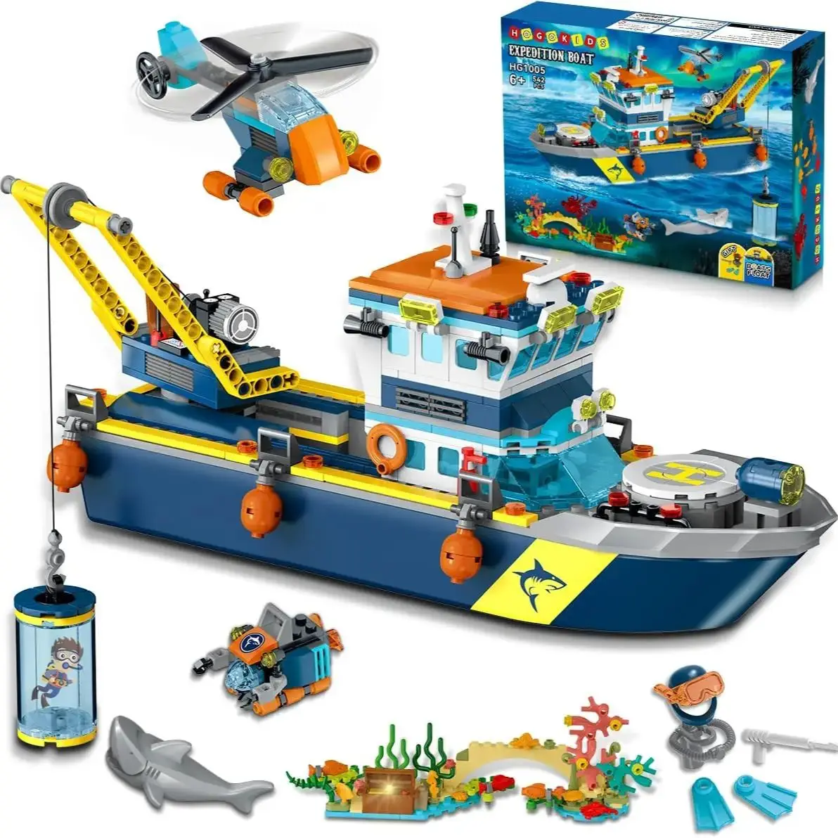 

HOGOKIDS Arctic Explorer Technic Ship Building Block Set with LED Light Ocean Exploration Helicopter Sub Shark for Kids Ages 6+