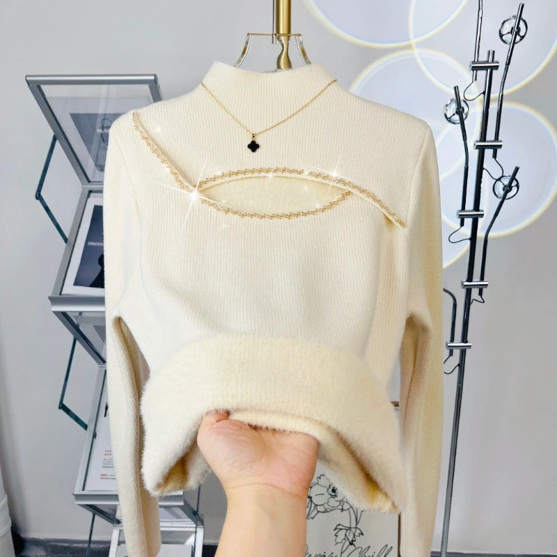 Thicken Velvet Knitted Sweater Sueter Lined Warm Jumper Half Turtleneck Soft Pullover Winter Hollow out Jersey Women Clothing