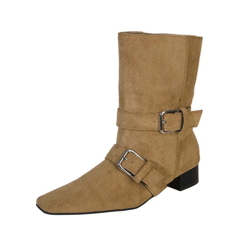 Women's plus-size belt-buckle mid-heel fashion boots 2025 autumn new square-toed British style retro mid-calf boots