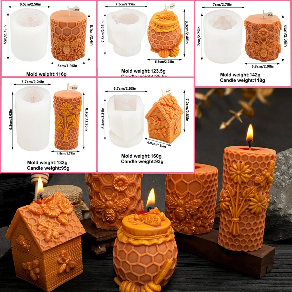 1pc Embossed Honeycomb Bee Silicone Candle Mold,3D Relief Honey Jar Beehive House Floral Pillar Mold Candle Soap Resin DIY Craft