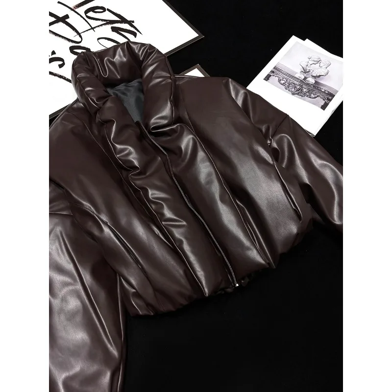 [YOZOU] Winter Loose Brown PU Faux Leather Padded Luxury Padding Zipper Coat Short Bomber Jacket Women Outerwear Stylish Korean
