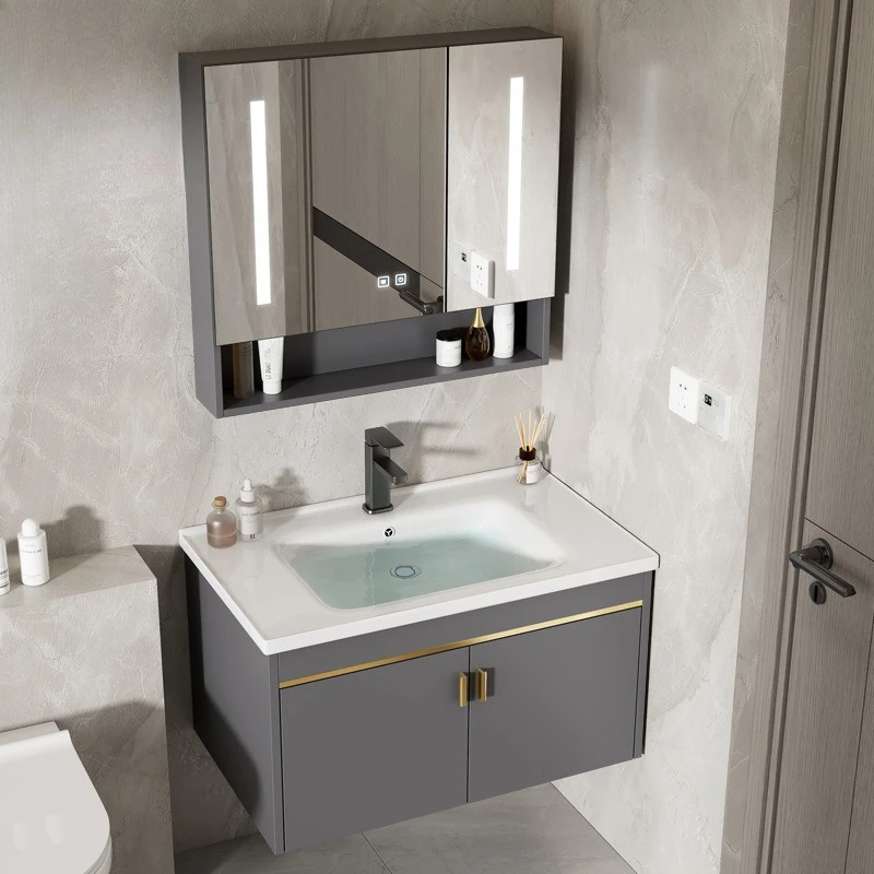 

Bathroom Washbasin Cabinet Combination Space Aluminum Bathroom Cabinet Integrated Ceramic Washbasin Hotel Washstand