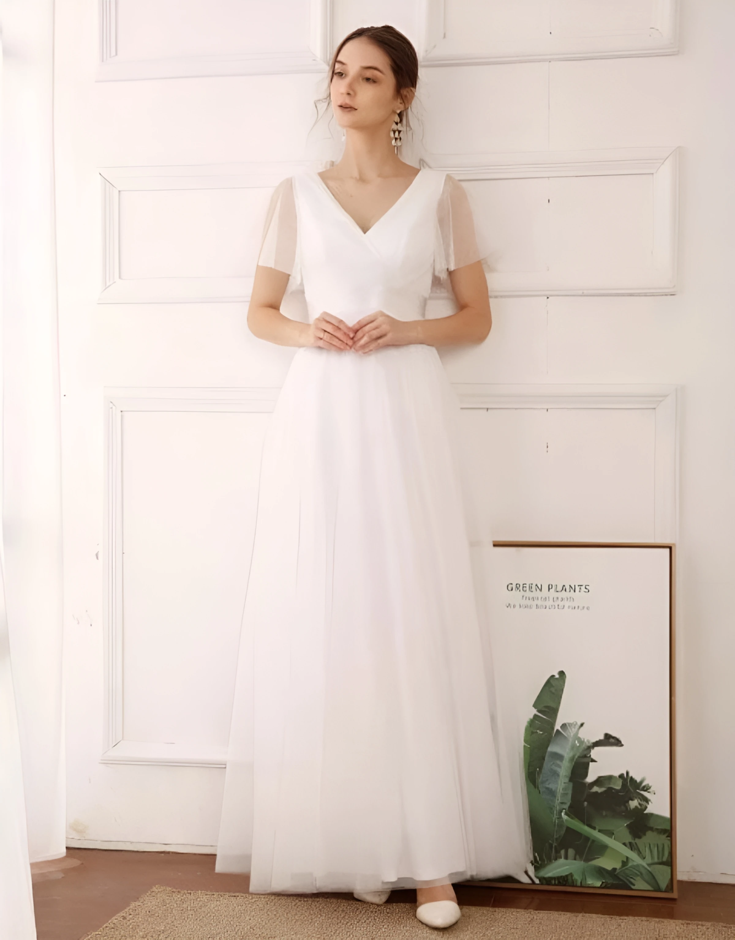 Women Simple Evening Dress Tulle Ruffles Short Sleeve V-Neck Backless Empire Sashes Prom Dress A-Line Maxi Wedding Bridal Gowns image 6