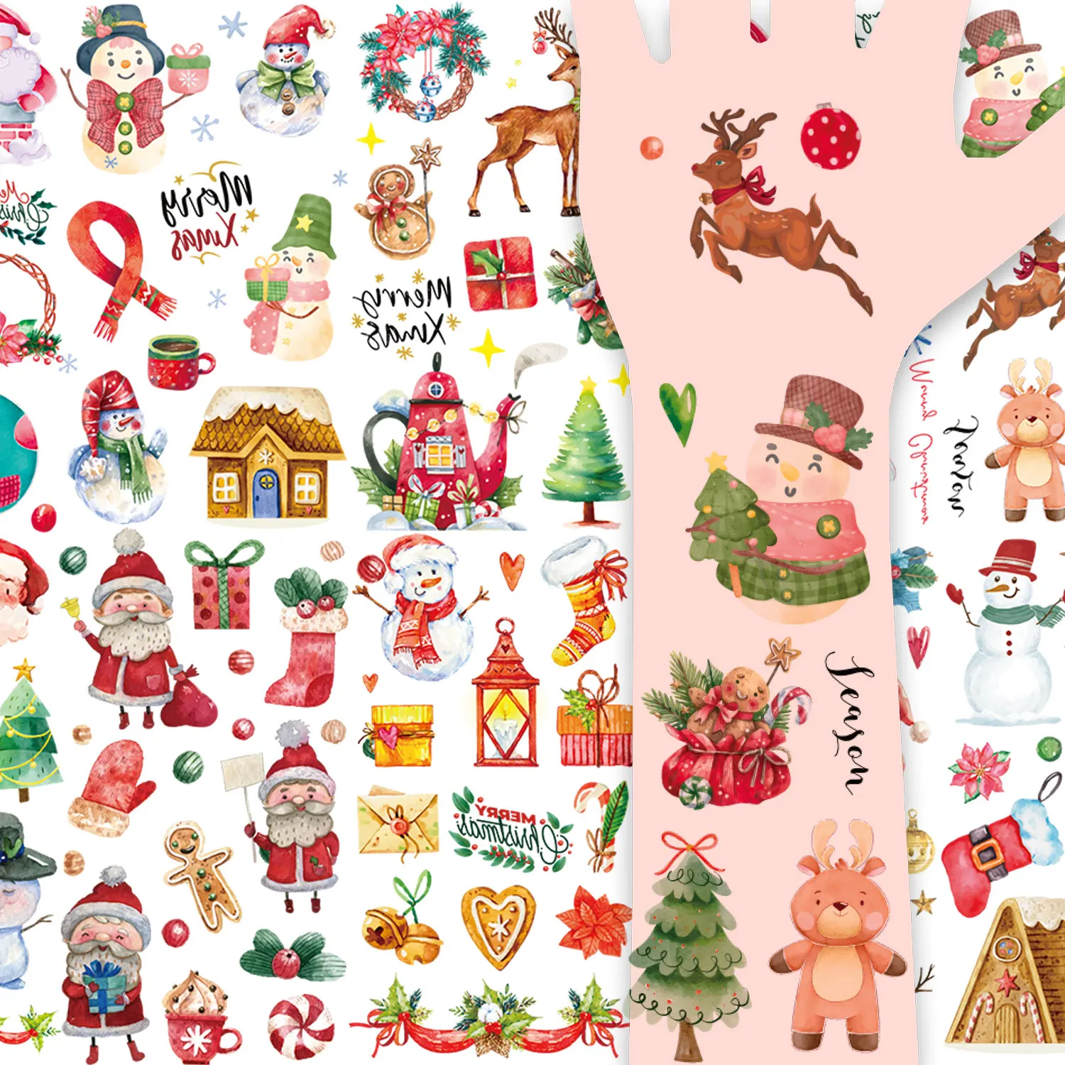 10 Sheets, 120 Cute Cartoon Christmas Tree Santa Claus Snowman Christmas Element Pattern Temporary Tattoo Stickers, Christmas Series Fun Art Decoration Stickers, Waterproof and Sustainable for 2-5 Days, Suitable as Christmas Party Gifts