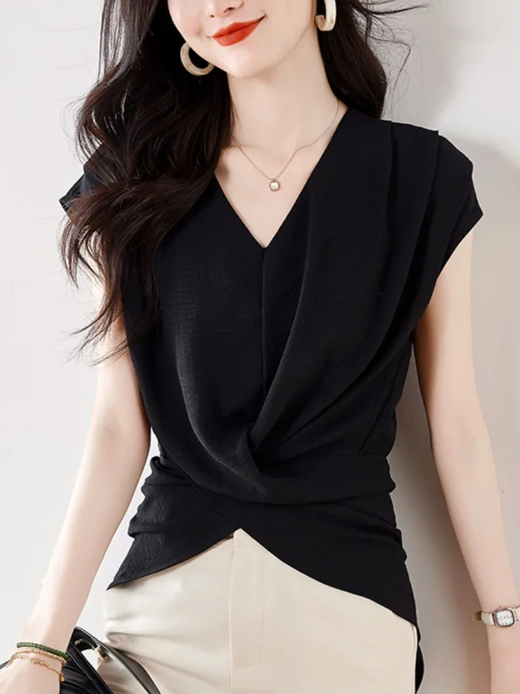 Summer Women's Chiffon Short Sleeve Shirt Cross V Neck Slim Fit Sexy Tops