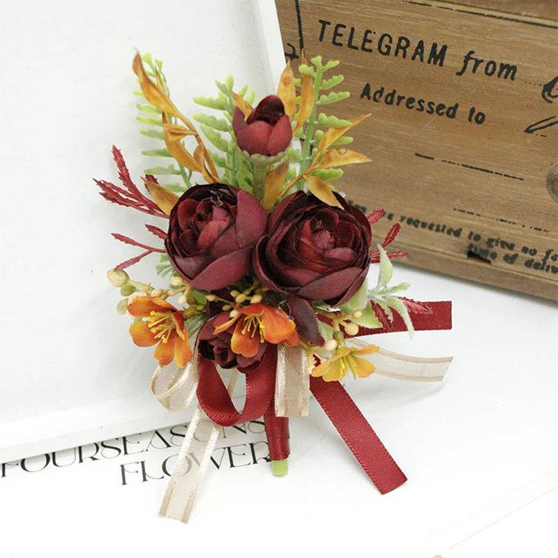 Caramel ไวน์สีแดงประดิษฐ์ดอกไม้ธุรกิจฉลองเกสต์ Boutonniere ดอกไม้ข้อมือ Corsage งานแต่งงานอุปกรณ์เสริม