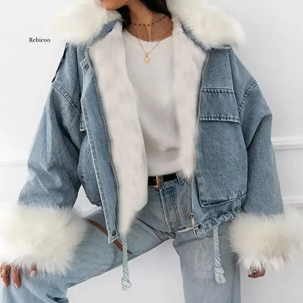 

Classic Jean Jaet Coat with Detachable Warm Faux Fur Thiened Women's ort Outerwear for Spring Season Other Material 00%