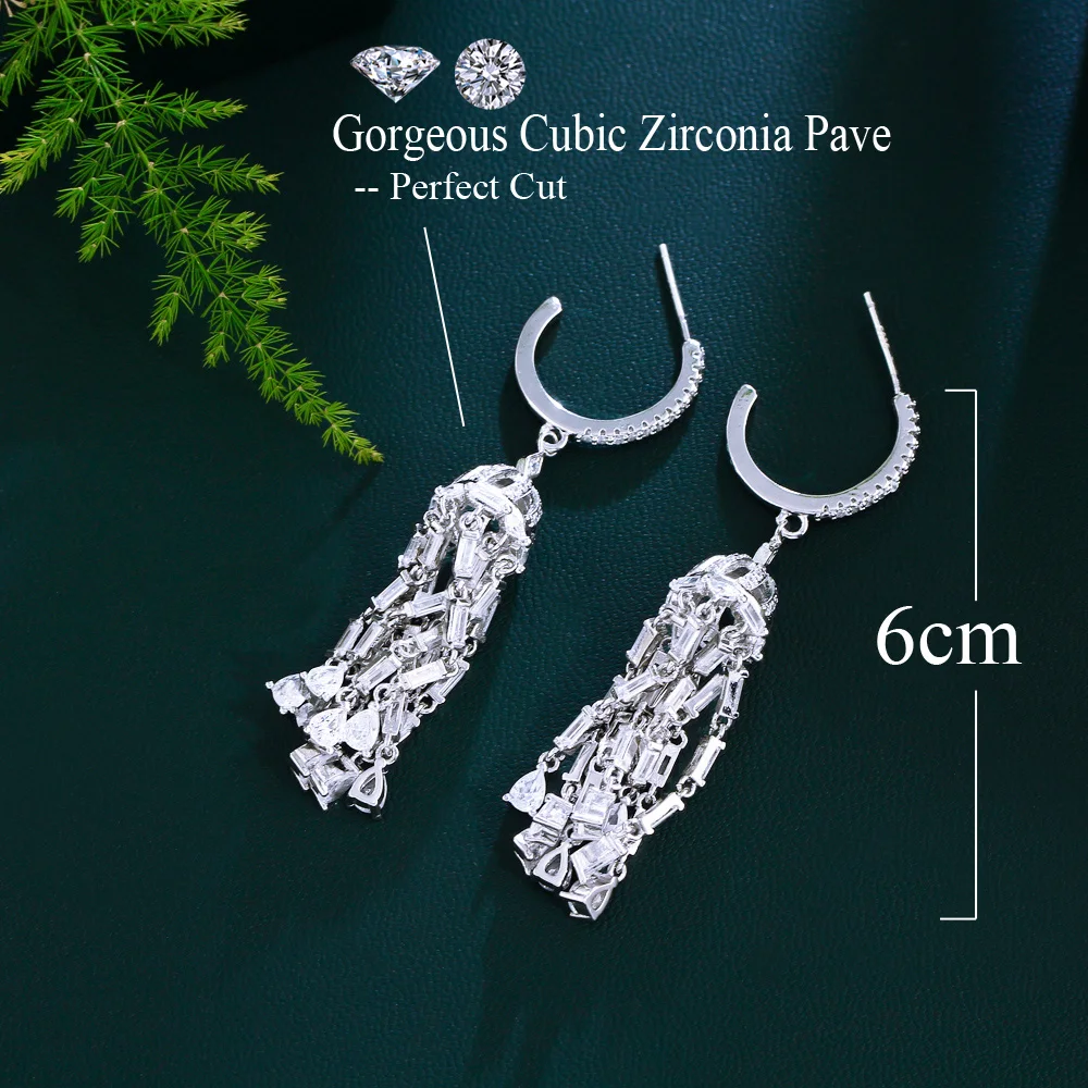 CWWZircons Heavy Work Cubic Zirconia Long Dangle Water Drop Tassel Chandelier Luxury Pageant Bridal Earrings for Women CZ706