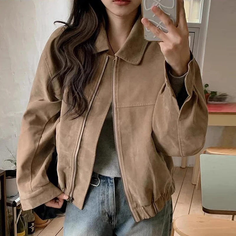 Chaqueta de Motocicta Estilo Retro para Mujer, Chaqueta Corta Informal, Cuello Alto, Abrigo de Gamuza, Versátil, Moda Otoñ...