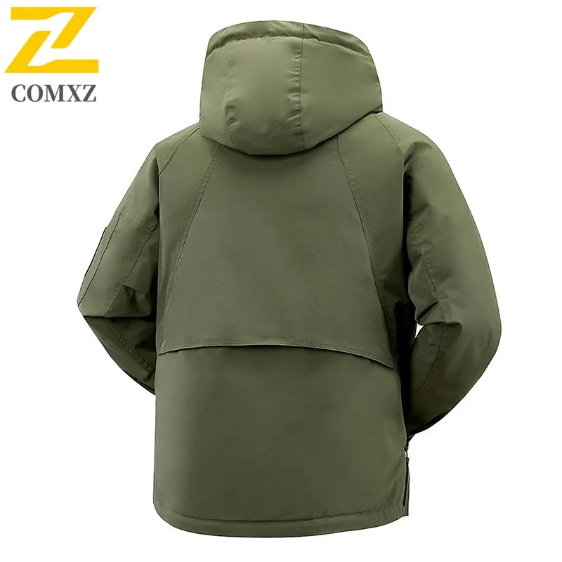 سترة COMXZ للرجال بغطاء للرأس خفيفة للغاية للعمل في الهواء الطلق سترة سميكة دافئة كاجوال بلون سادة ملابس شتوية مقاومة للبرد #5