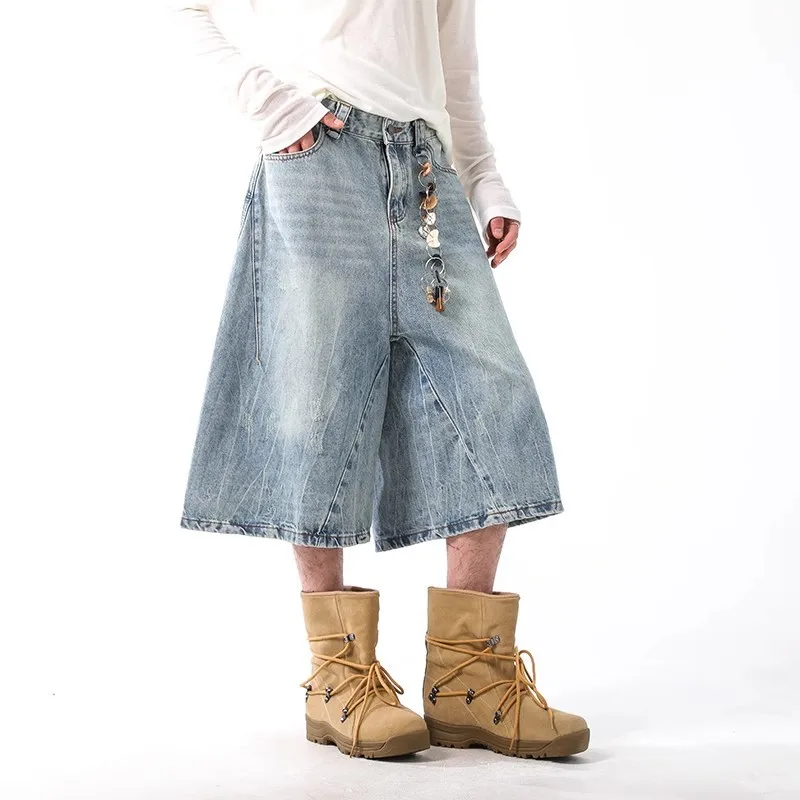 KIDWHXR Man Summer Calf-length Pant American Retro Washed Casual Male Shorts Loose Straight Mid Waist Versatile Men Denim Shorts