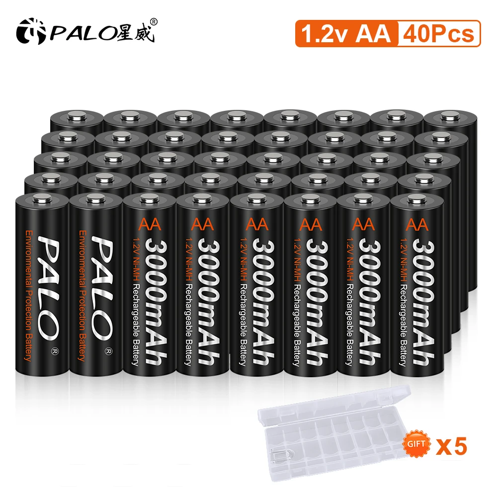 

PALO 40XAA Rechargeable Battery AA NiMH 1.2V Ni-MH AA 2A Battery low self discharge AA Batteries For toys camera wireless