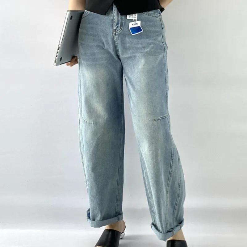 

Весенне-летние женские джинсы-бойфренды больших размеров, новые простые свободные джинсовые шаровары премиум-класса 5312