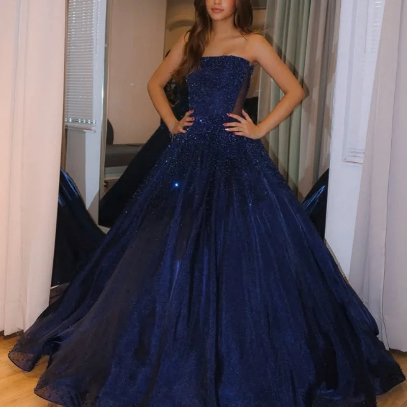 

Customized Shiny dark blue Quinceanera Dresses Off the Shoulder crystal Sequin decal Long tail Vestido 15 Quinceanera