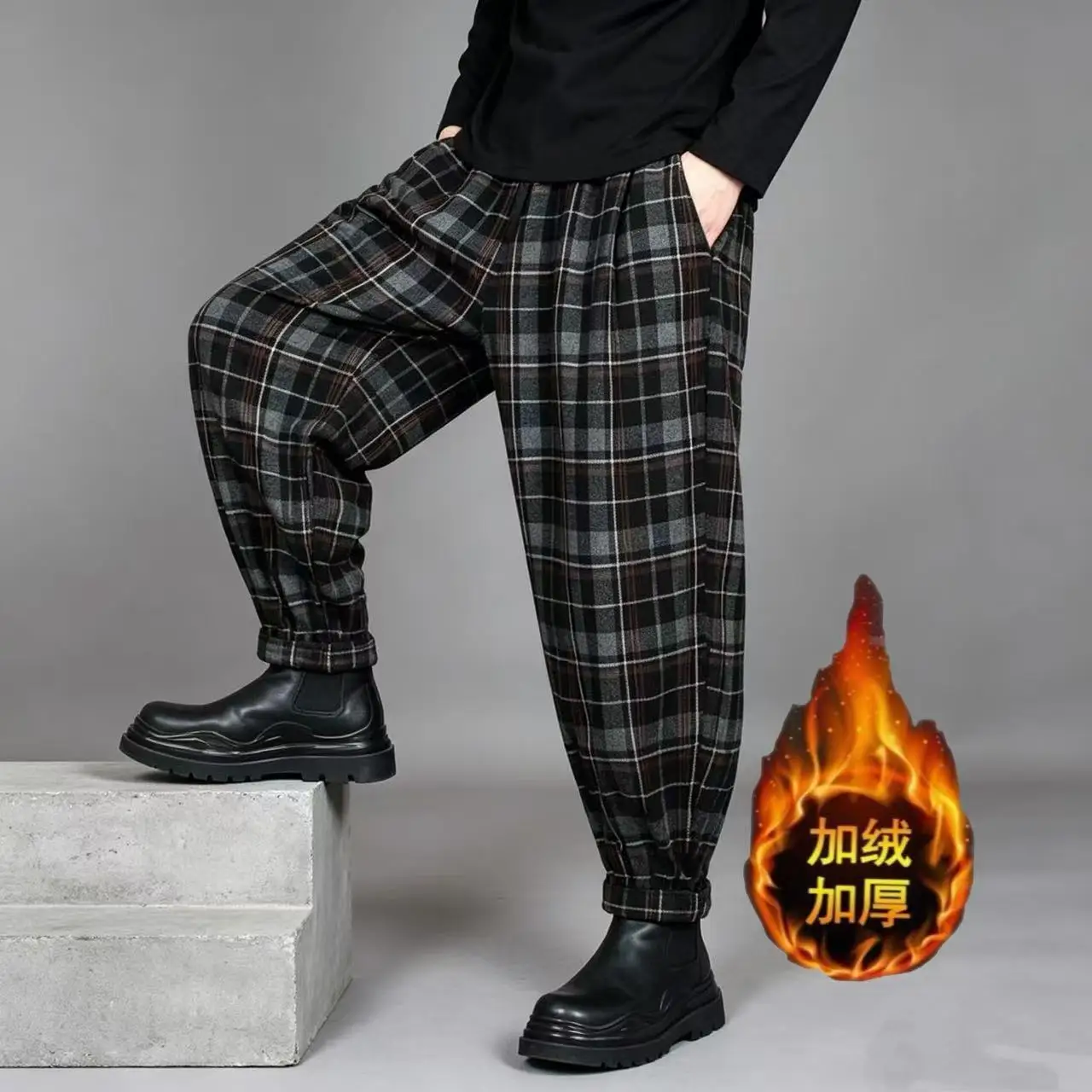 Autumn and Winter Velvet Pants Men's Loose Small Feet Harlan Pants Printed Trend Ruffian Handsome Plaid Large Size Casual Pants