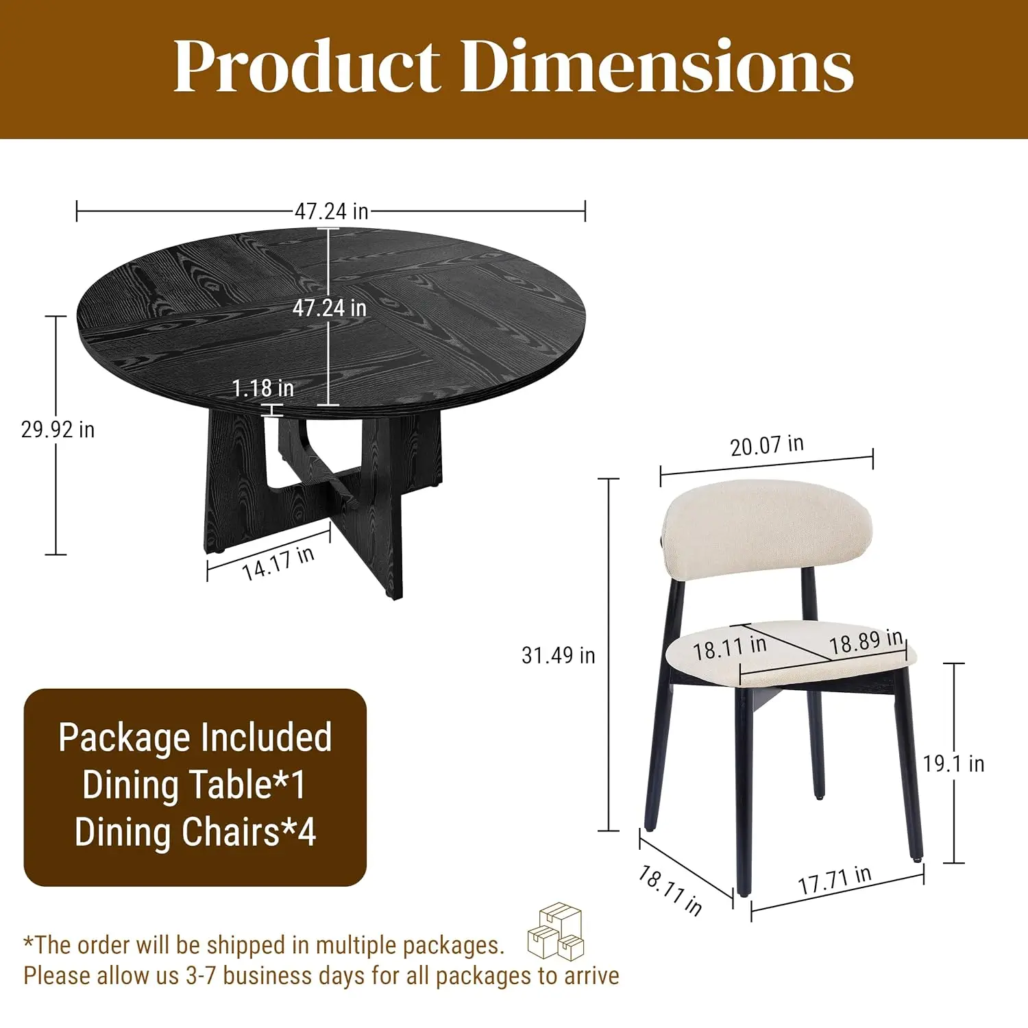 5-Piece Dining Table Set with 4 Upholstered Chairs with Curved Backrest, 47