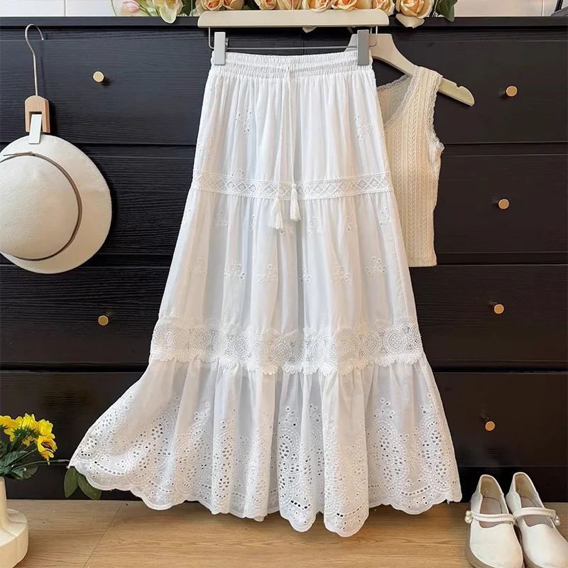 

Cross-Border Style Embroidered Lace Hem Cotton Elastic Waist Half-length Umbrella Skirt for Women Spring Summer New Arrival
