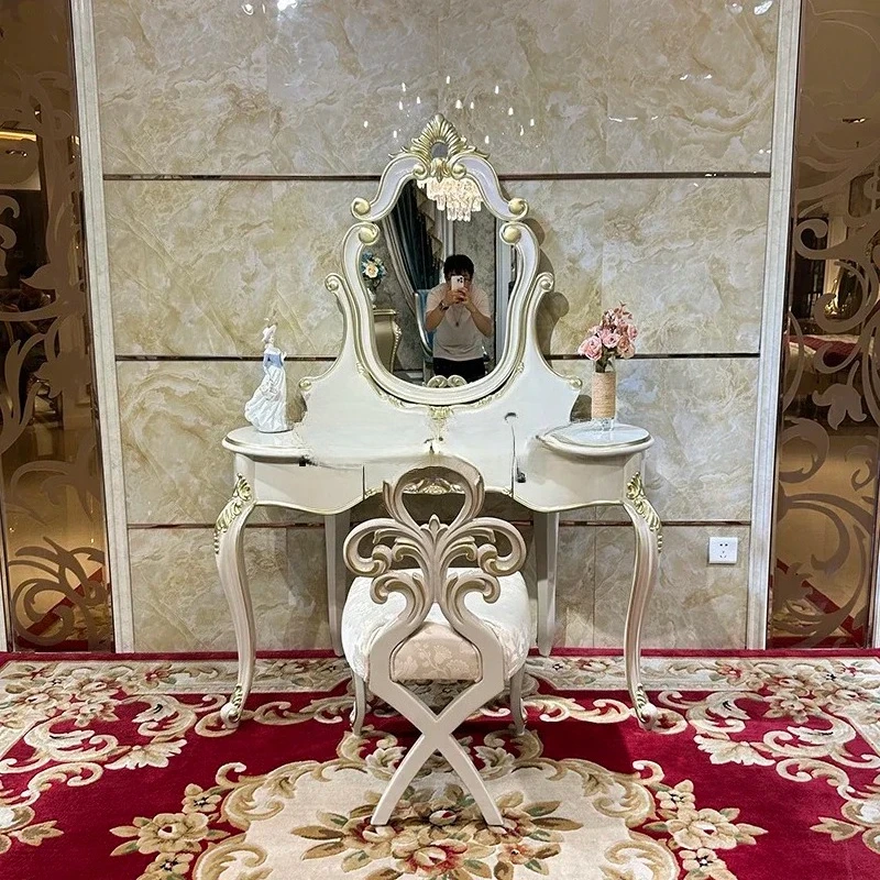 

French court dresser makeup stool combination, European luxury solid wood carving makeup table, bedroom princess makeup table07A