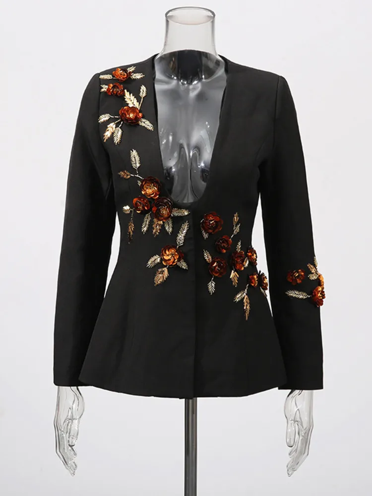 ZMEENNA المرأة السوداء الأزهار السترة العميق U الرقبة دعوى سترة طويلة الأكمام أنيقة ملابس خارجية للحفلات تناسب شيك قمة الموضة ZM3219