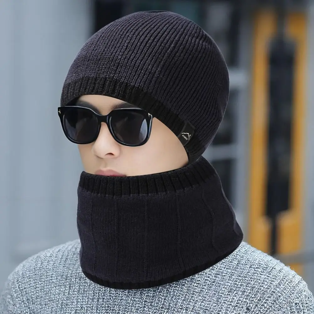 แฟชั่นหมวกอบอุ่นผ้าพันคอชุดขนแกะซับคอป้องกัน Skullcap ผู้ชายถักหมวกกลางแจ้ง