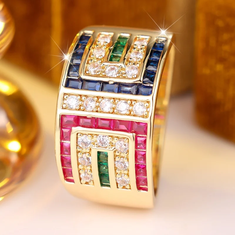 2026 New Retro Geometric Groove Color Zircon Sparkling Ring, Ladder Square Red, Blue, Green Zircon Mixed Jewelry and Headwear