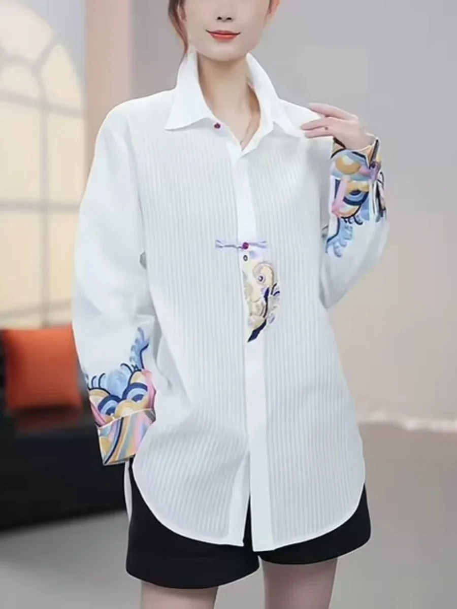 

Новый китайский с вышивкой на пуговицах irt, женский тяжелый рабочий длинный све, белый винтажный топ, свободный крой из хлопка