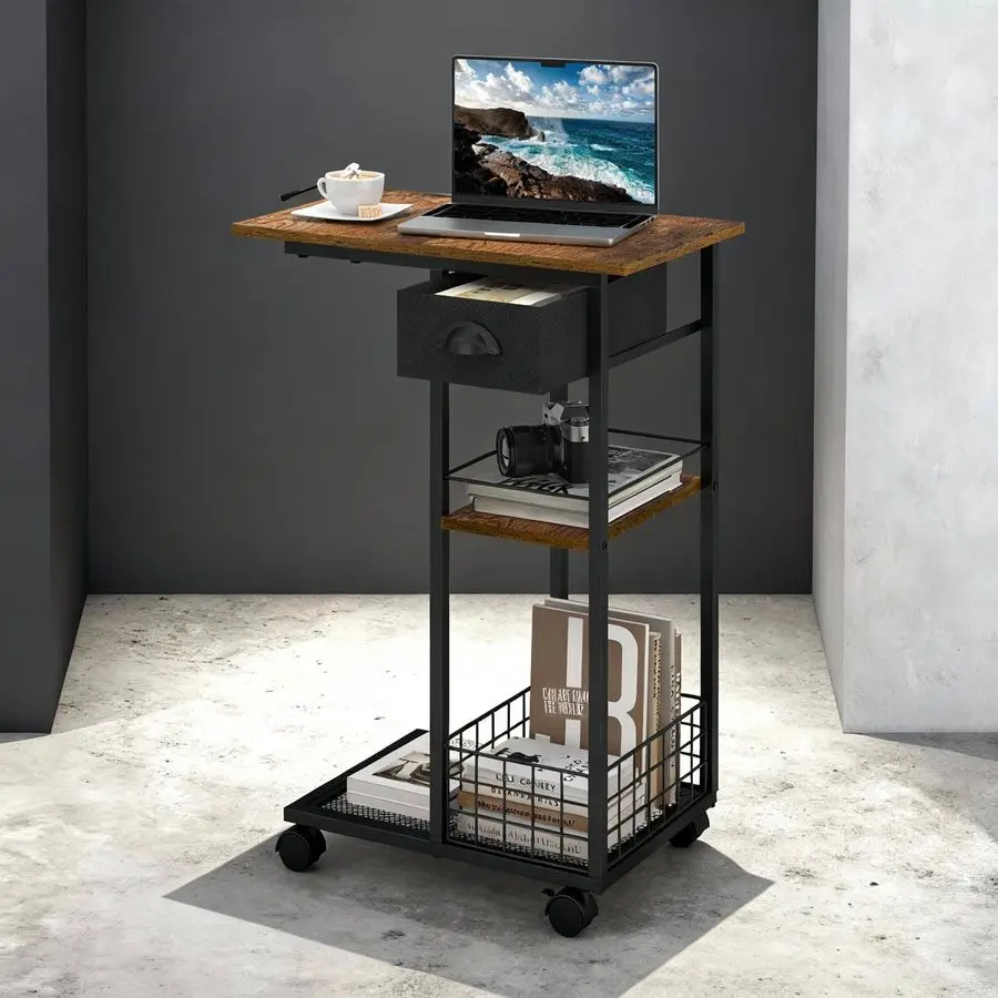 

Side Table with Wheels and 360 Rotation, C Table with Drawer, End Table for Couch, Space Saving Small Desk for Narrow Space, TV