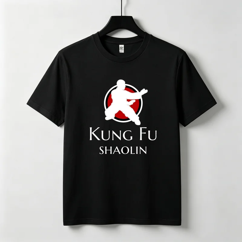 Shaolin Kung Fu Fighter Silhouette Red Black Circular Badge Emblem Bold Traditional Heavyweight Cotton Unisex T-Shirt Tee Top