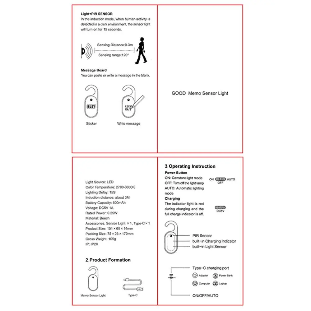 DIY LED Hanging Lamp Hook Design Warm White Motion Sensor Night Light Erasable Message Board Energy-Saving
