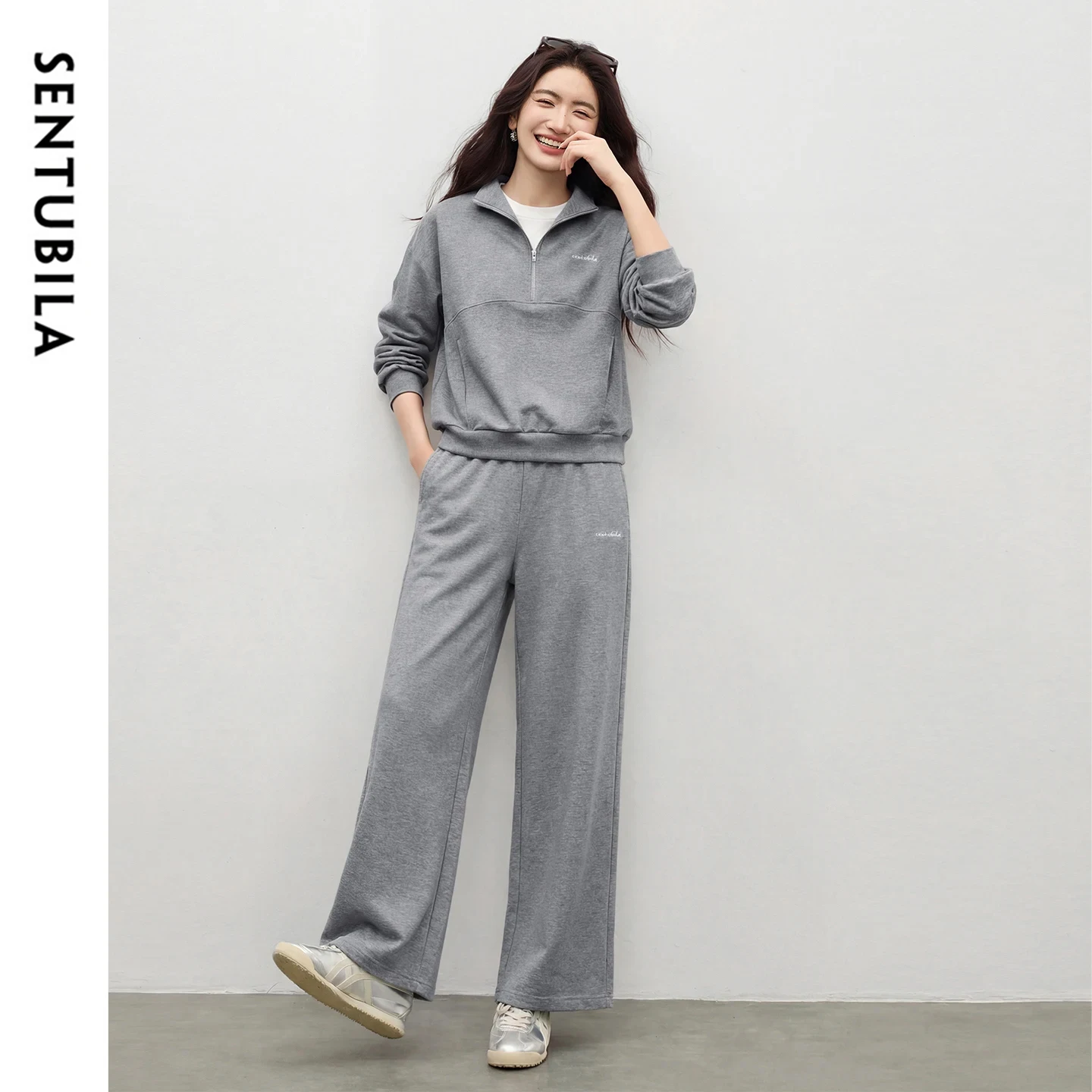 SENTUBILA Women's Grey Casual Tracksuit Convertible Zipper Collar Contrast Letter Embroidery Top Loose Pant Two-Piece Q61ZH6602