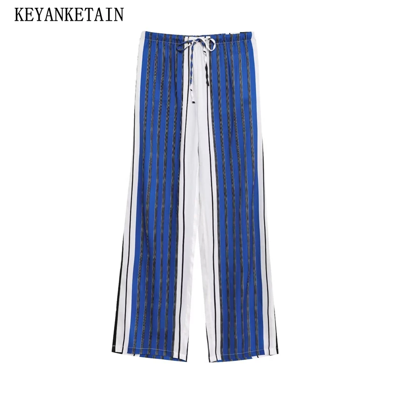 KEYANKETIAN Summer New Women's Blue And White Striped Pocket Decoration Drawstring Tie Mid Waist Casual Pants For Women