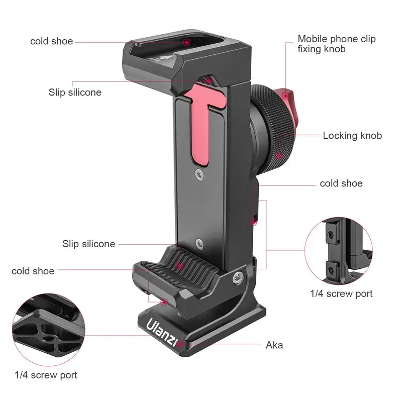 Ulanzi ST-27 Metal Phone Holder Clamp With Cold Shoe Arca 360°Rotatable tripod Mount Clip for TikTok Vlog Photography