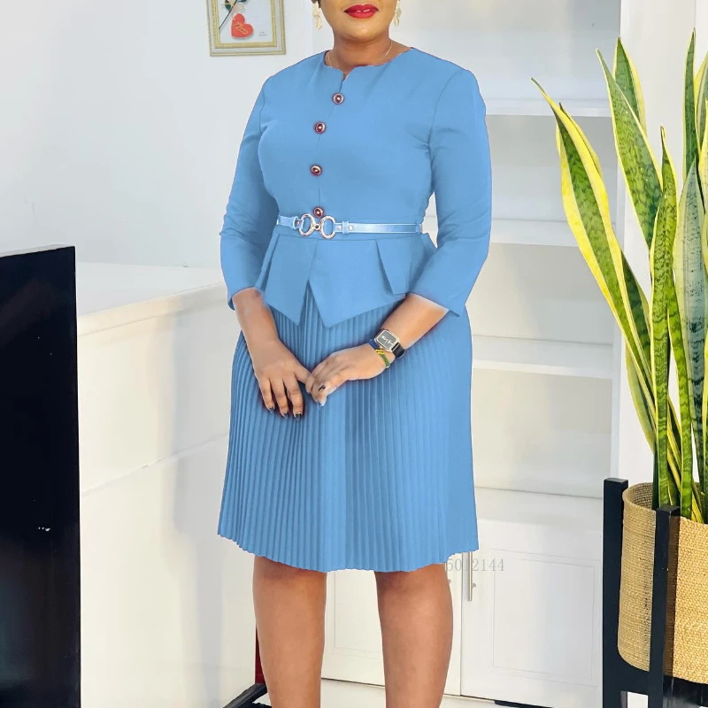 

Elegant Dashiki African Dresses for Women Autumn Fashion 3/4 Sleeve Polyester Pleat Party Evening Dresses Outfits Ankara Dress