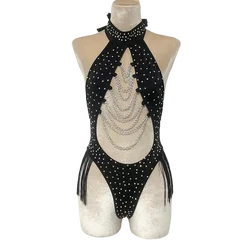 Hope&Win Nylon Dancer Women Stripper Outfits rhinestones Ladies Bottle Girls  Silver Chain Sexy Bodysuit Exotic Dance Wear