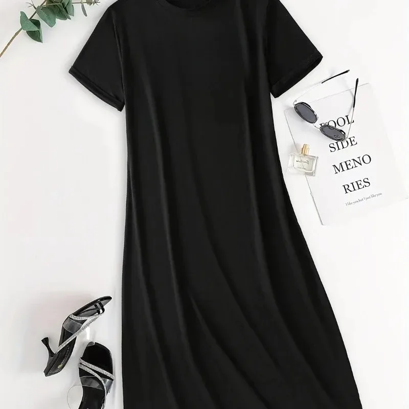 فستان نسائي صيفي كاجوال - نسيج قطني، أكمام قصيرة، فضفاض، نمط حروف عصري، فستان تي شيرت لجميع المواسم #1