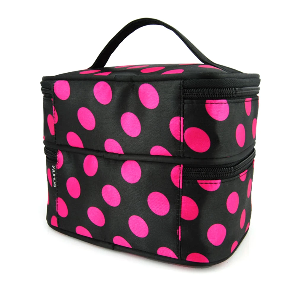 

Stylish Double Layer Dots Zipper Bag Women Travel Makeup Organizer Durable Polyester Black Rosy Color