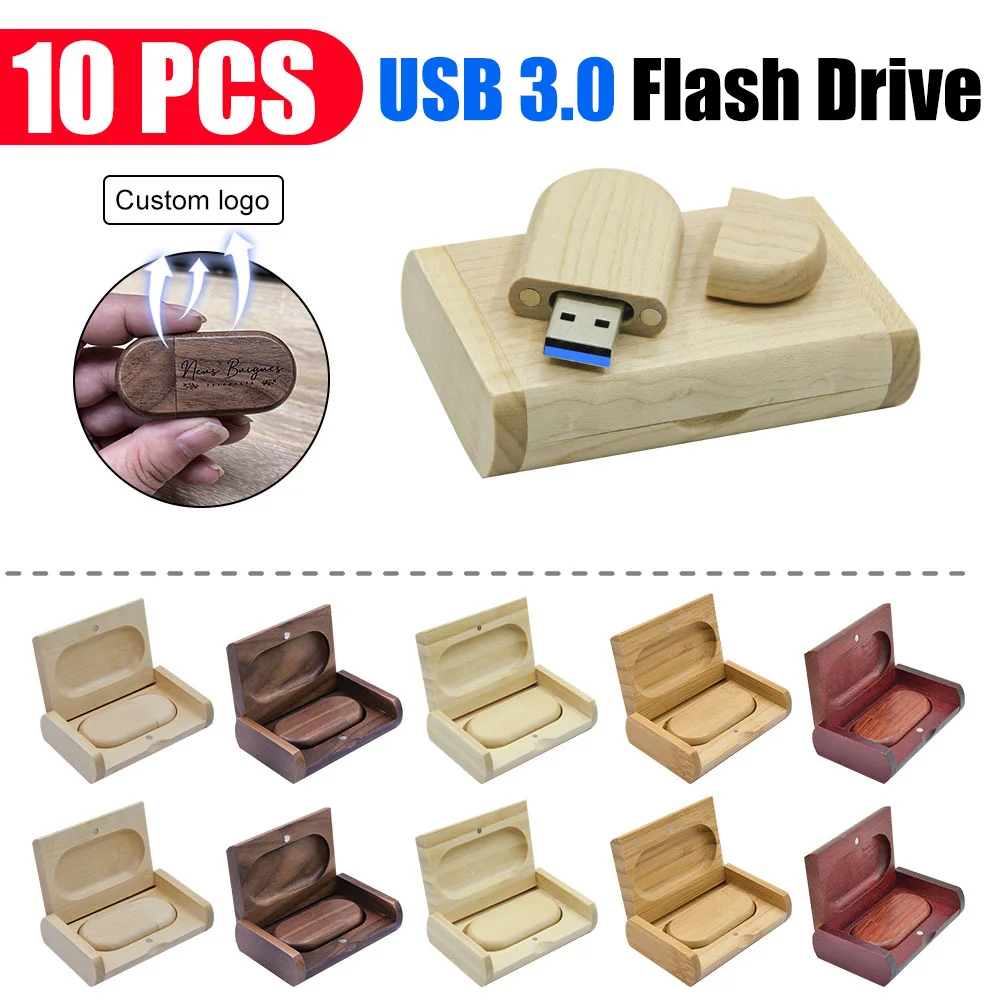 10pcs/Lot (Free LOGO) 3.0USB Flash Drive Wooden with Box Pendrive 8GB 16GB 32GB 64GB 128GB high speed Memory Stick Wedding Gift