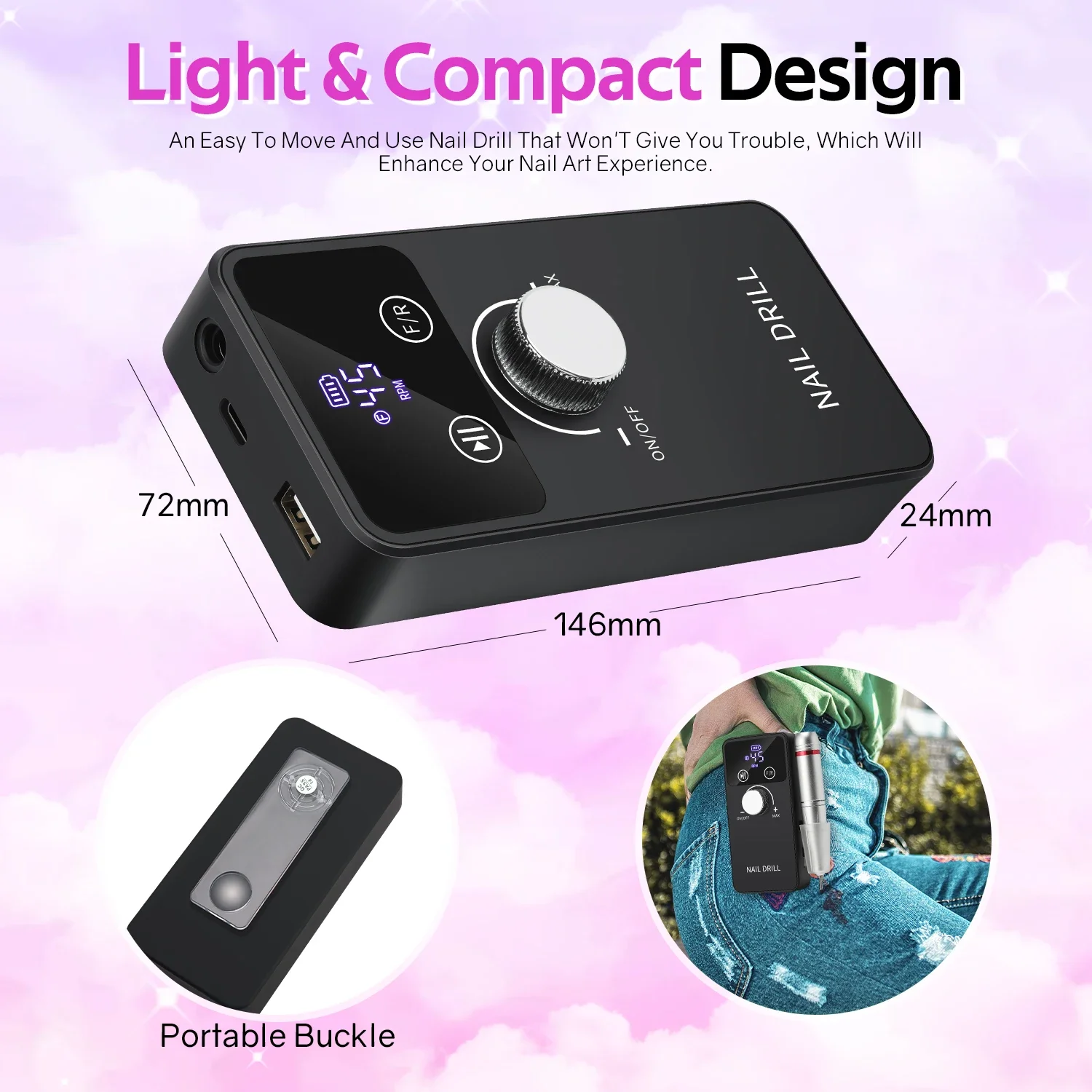 45000RPM Electric Nail Drill Machine Rechargeable Milling Cutter Professional Portable Nail Sander for Manicure Gel Remover Tool