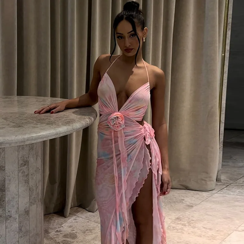DriftWear Sexy Sheer Lace Backless Dress with Sash Tie High Slit Deep V Hanging Neck Open Back Evening Party Bodycon Long Dress